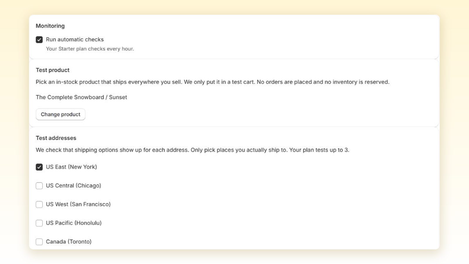 Settings for test product, addresses and discount codes